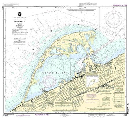 NOAA Chart 14830 West End of Lake Erie; Port Clinton Harbor; Monroe Harbor; Lorain to Detroit River; Vermilion 33.33 X 47.42 Matte Plastic Map